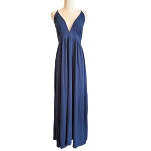Spaghetti Strap Maxi‎ Dress Womens Medium Blue Deep V Criss Cross Back Summer